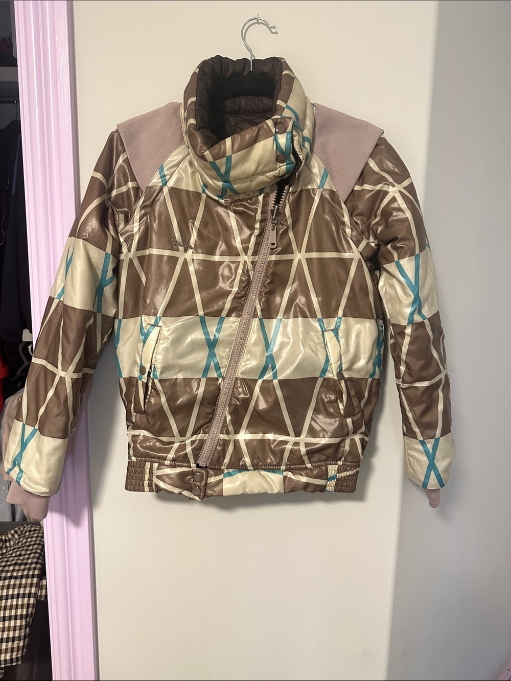 Vintage, unique Diesel Brown, Cream & Teal Geometric Puffer Jacket S reversible